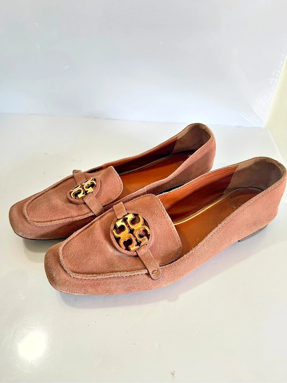 Tory Burch Metal Miller Suede Loafers Malva Pink Gold Logo Size 8M